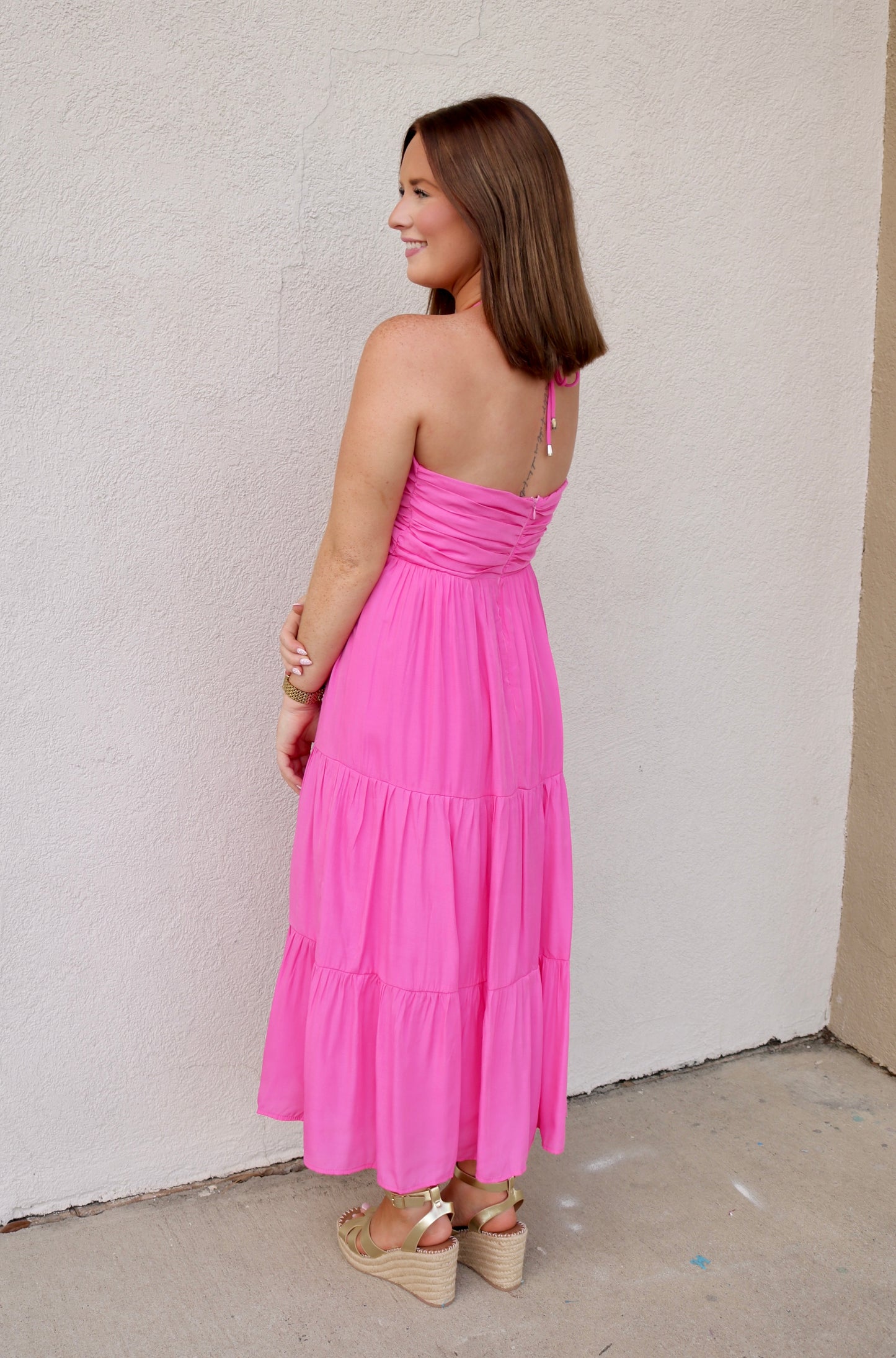 Tiered Halter Midi Dress- Pink
