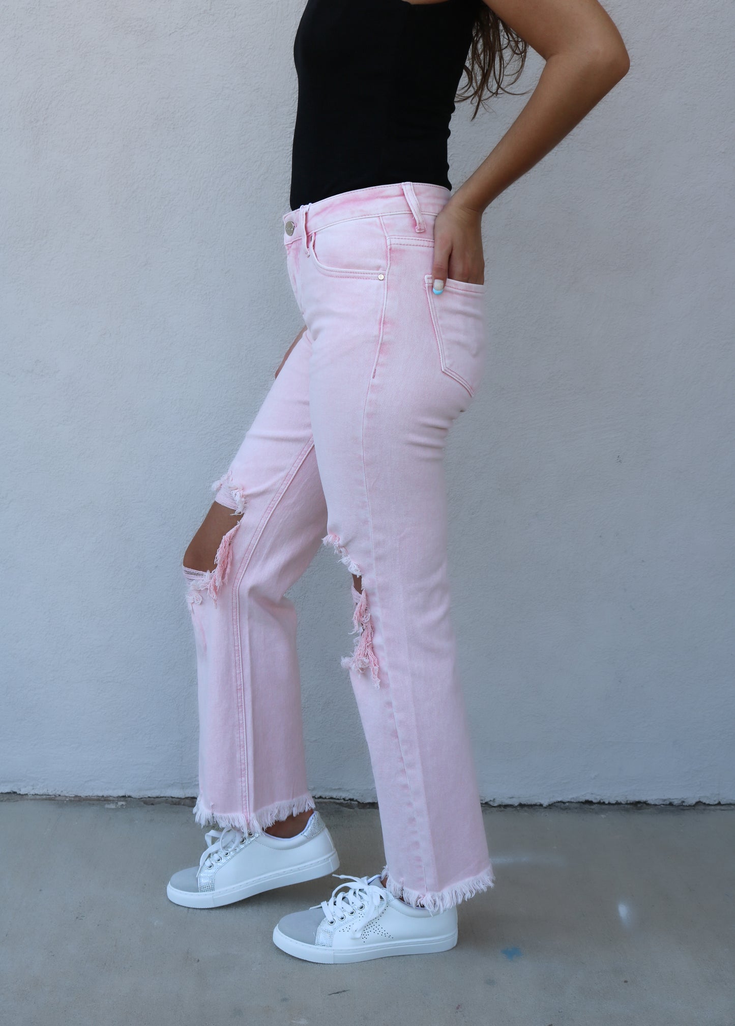 Nikki Distressed Jeans- Acid Pink