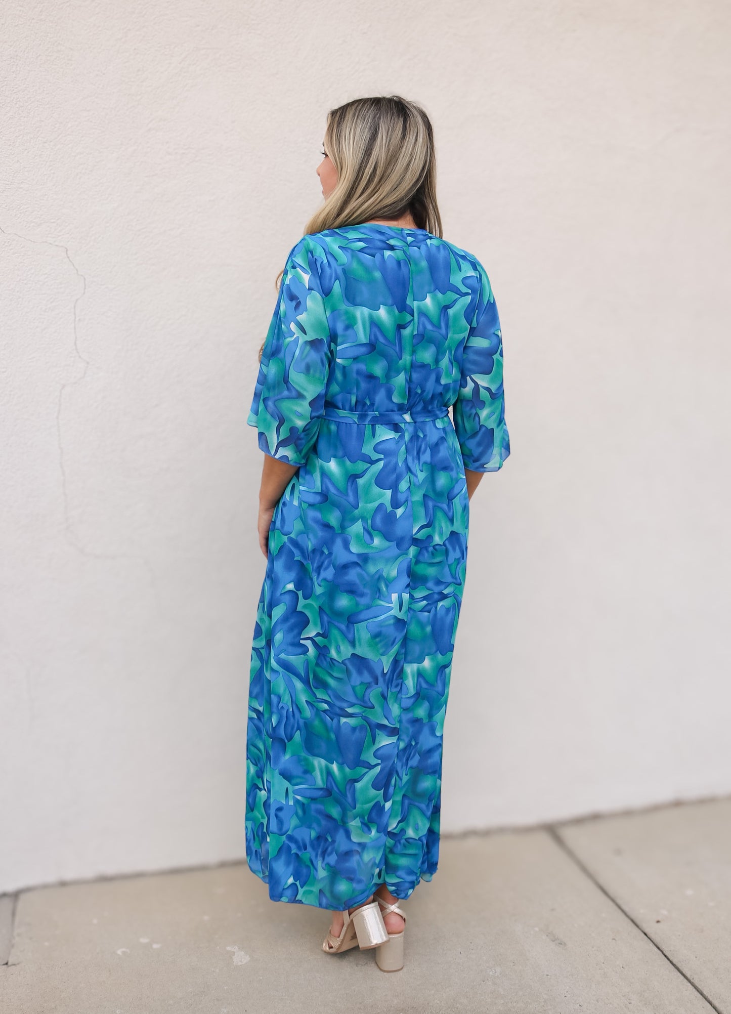 Blue Abstract Wrap Maxi Dress