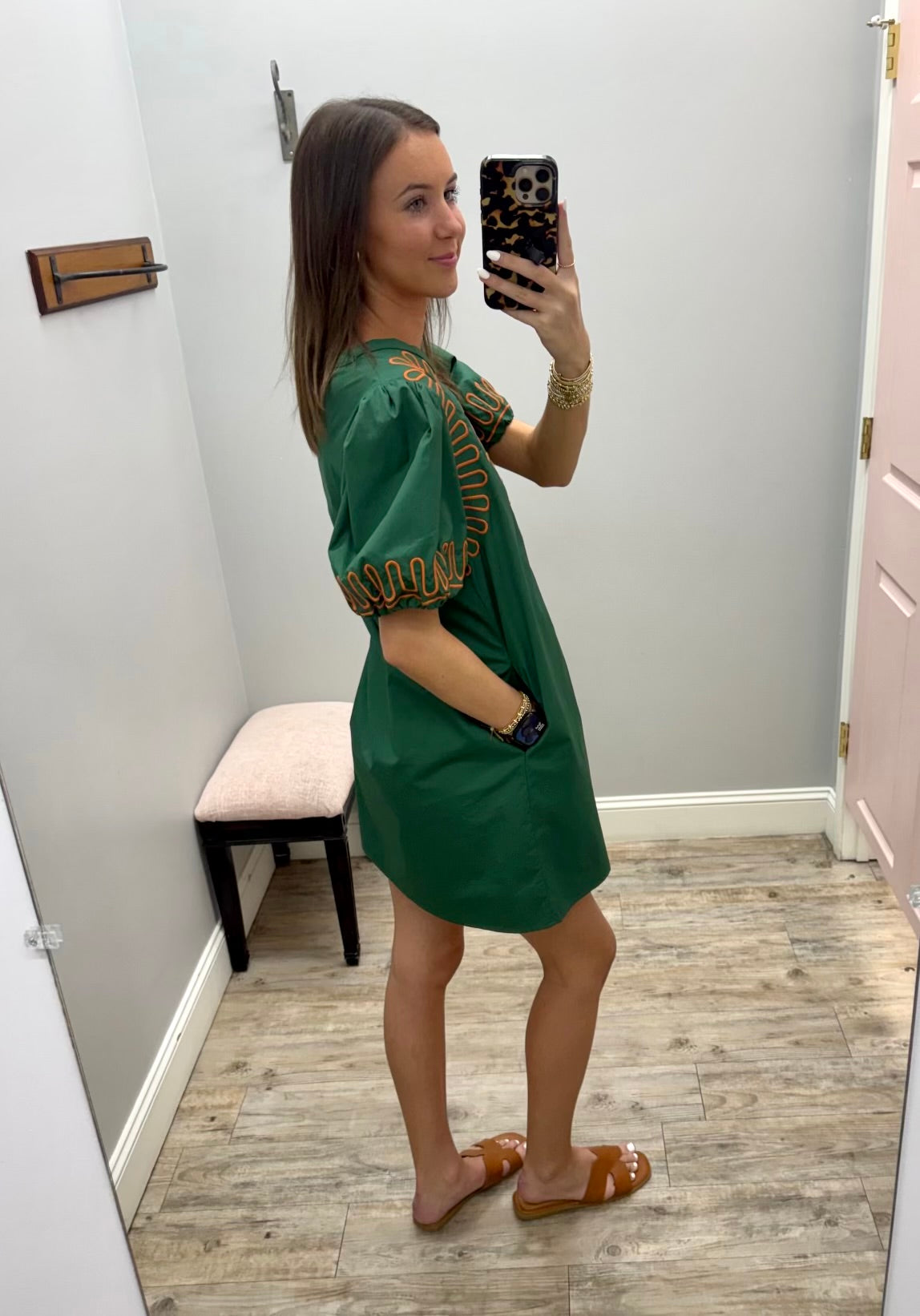 Green and Orange Embroidered Mini Dress