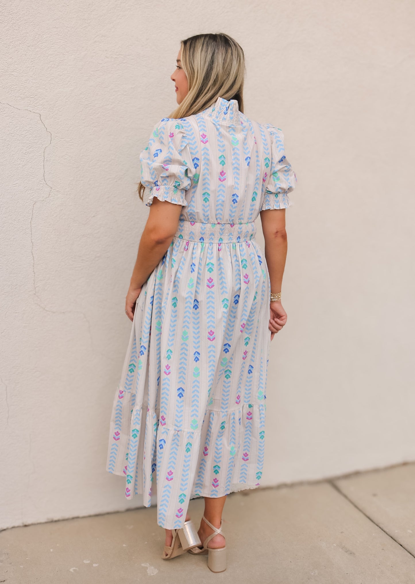 Striped Puff Sleeve Midi Dress