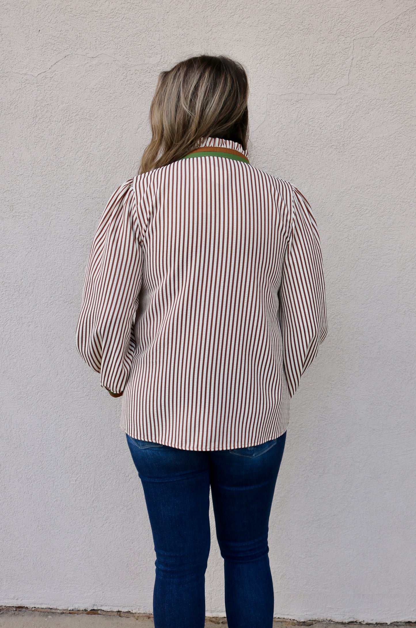 Striped Button Front Top- Brown