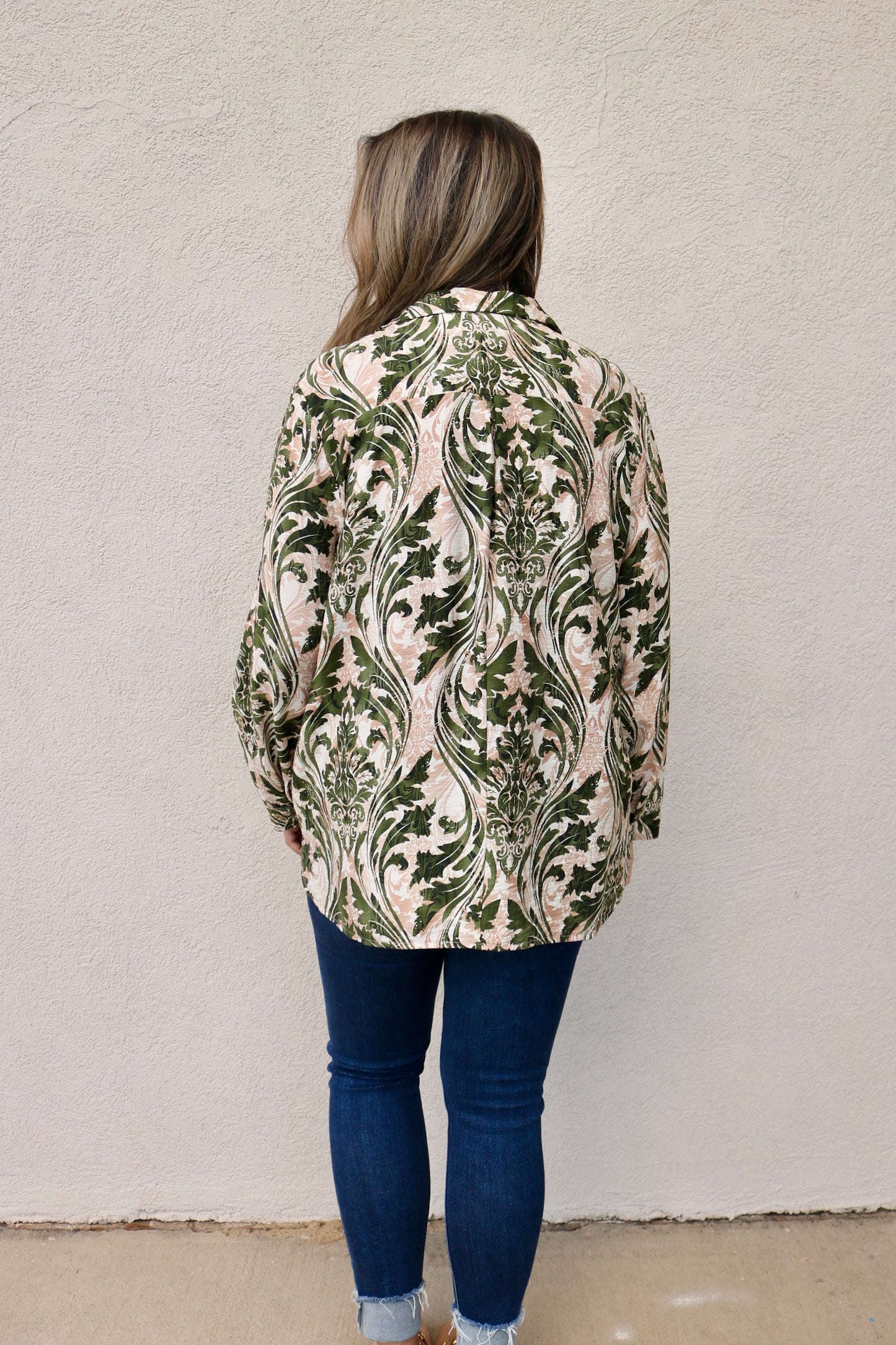 Olive Print Button Front Top