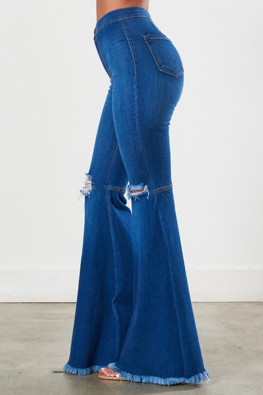 Donna Raw Hem Distressed Flare Jeans - Medium Stone Wash