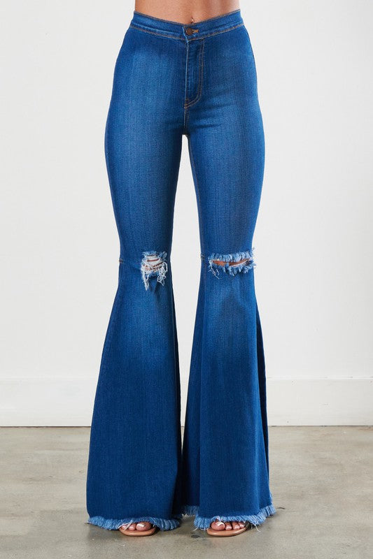 Donna Raw Hem Distressed  Flare Jeans - Medium Stone Wash