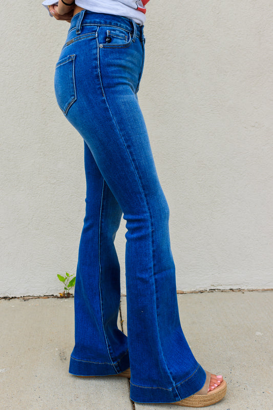 KanCan: High Rise Flare Jeans with Wide Hem - Mid Wash