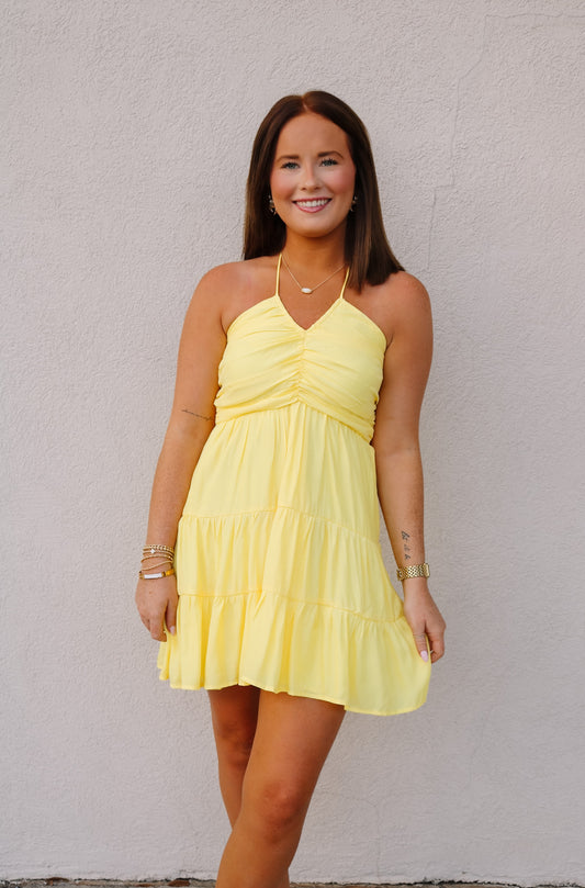 Tiered Halter Mini Dress- Yellow