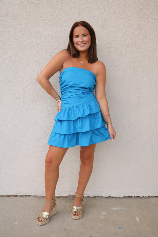 Strapless Tiered Mini Dress- Blue