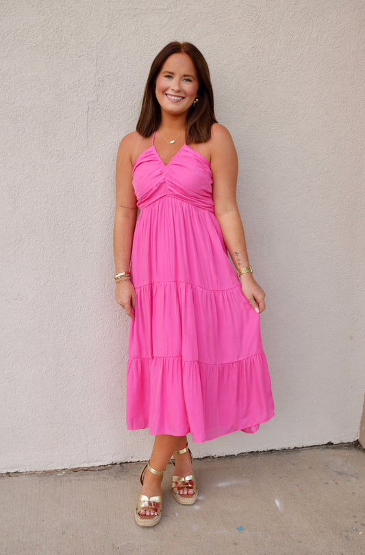 Tiered Halter Midi Dress- Pink