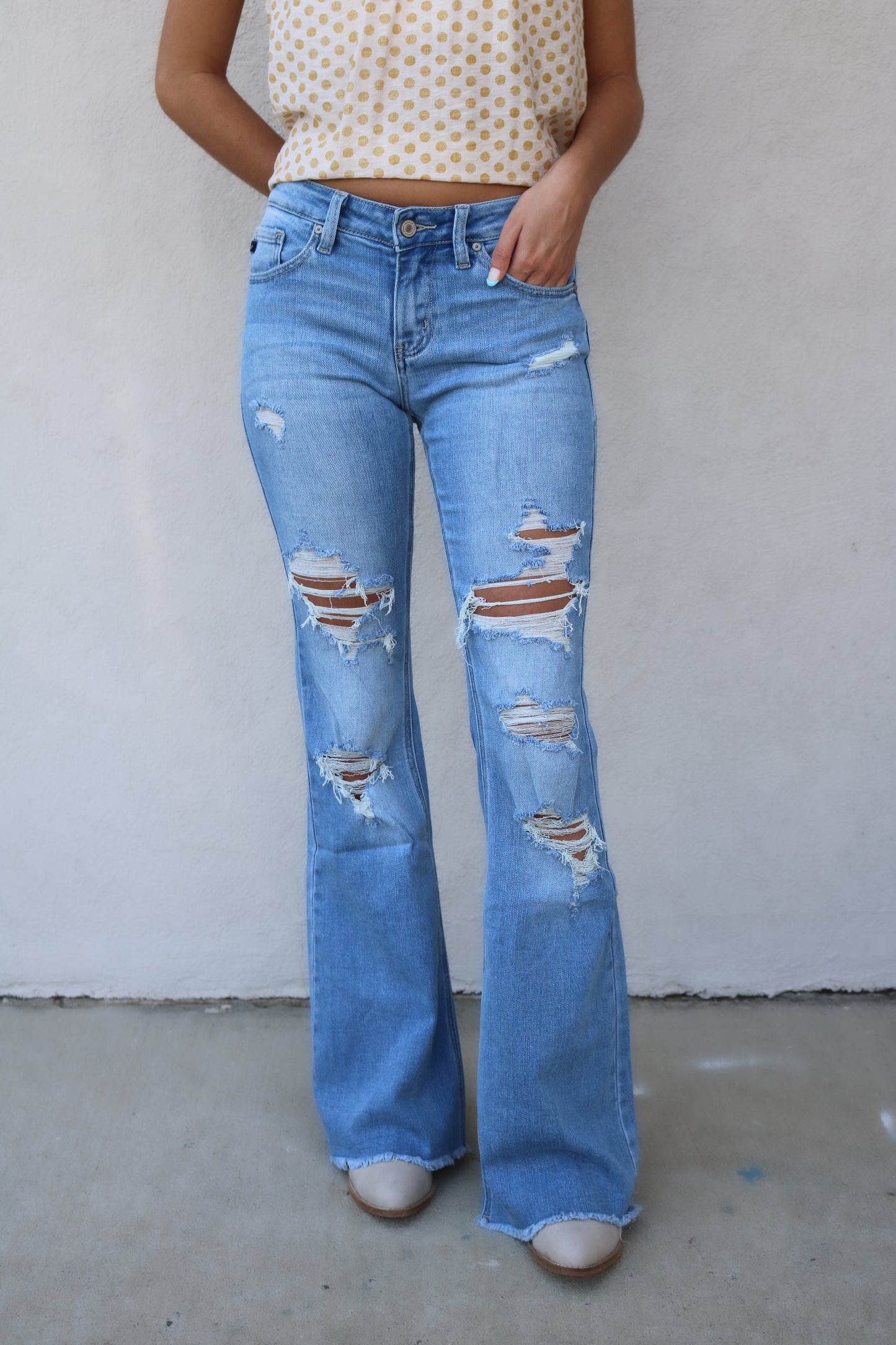 Katie Mid Rise Distressed Flare