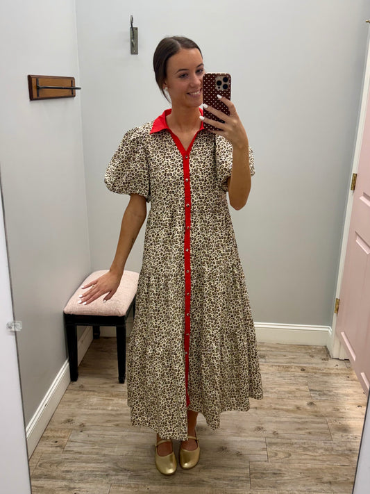 Leopard & Red Trim Maxi Dress
