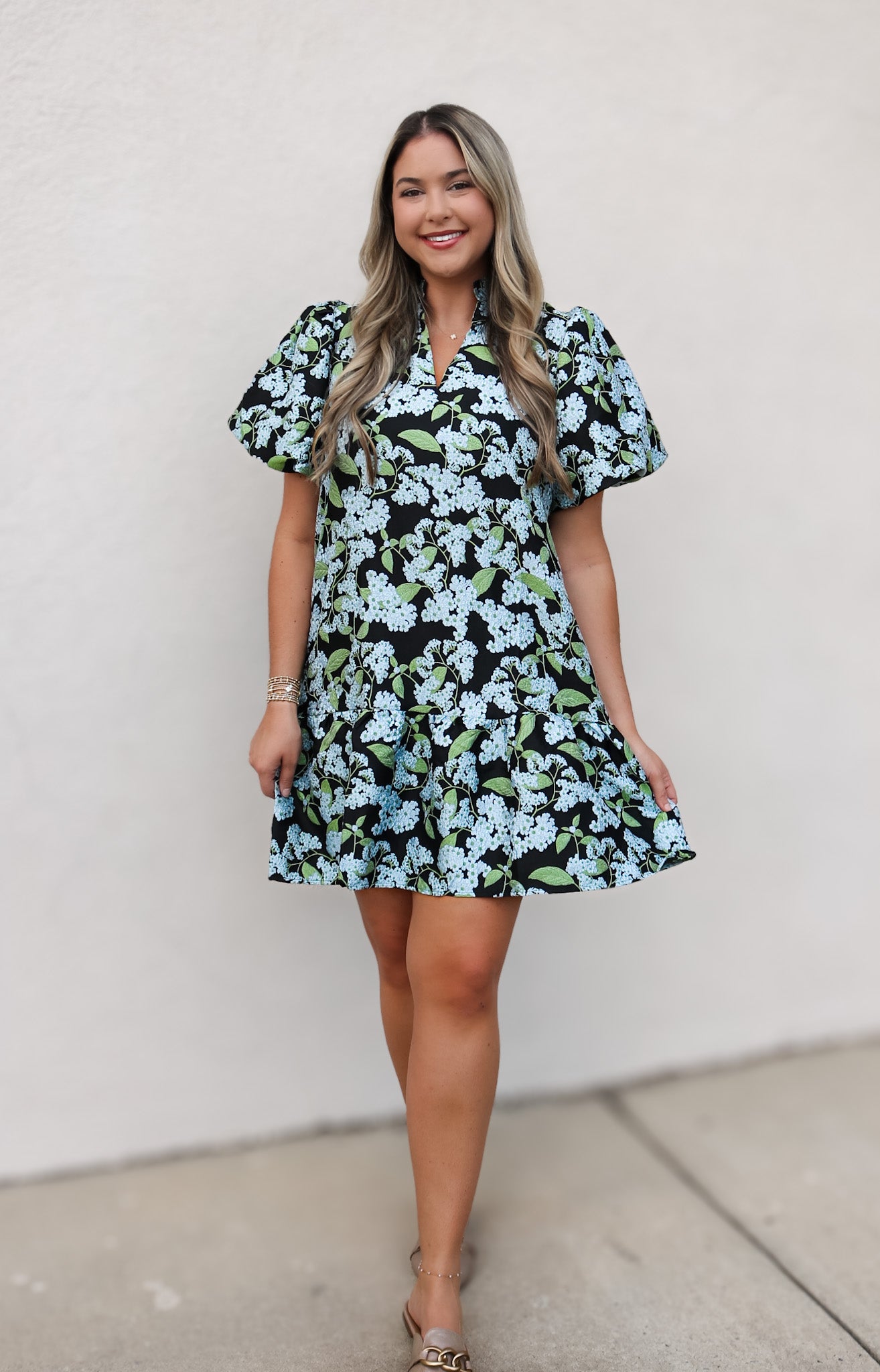 Floral Puff Sleeve Ruffle Tier Mini Dress