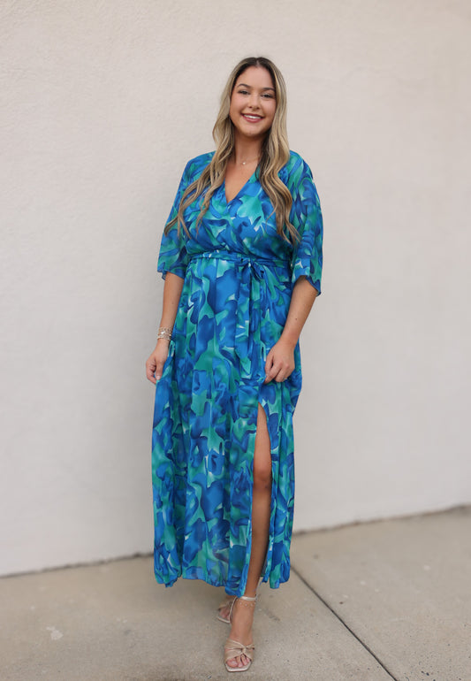 Blue Abstract Wrap Maxi Dress