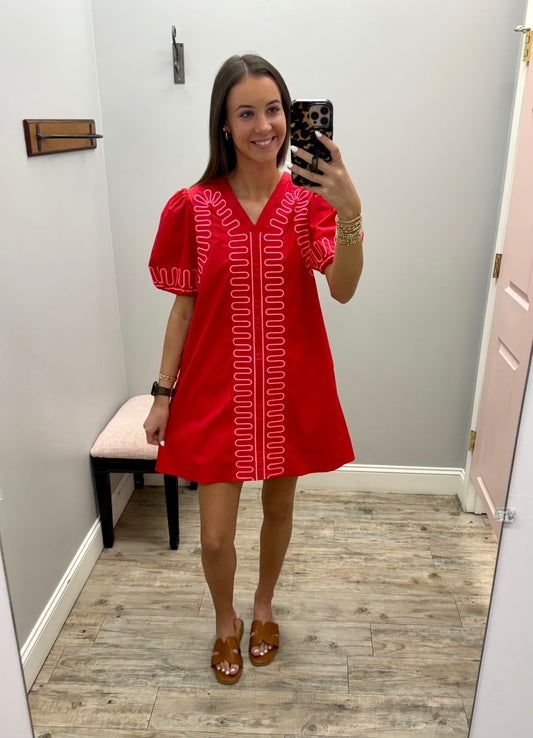 Red & Pink Embroidered Mini Dress