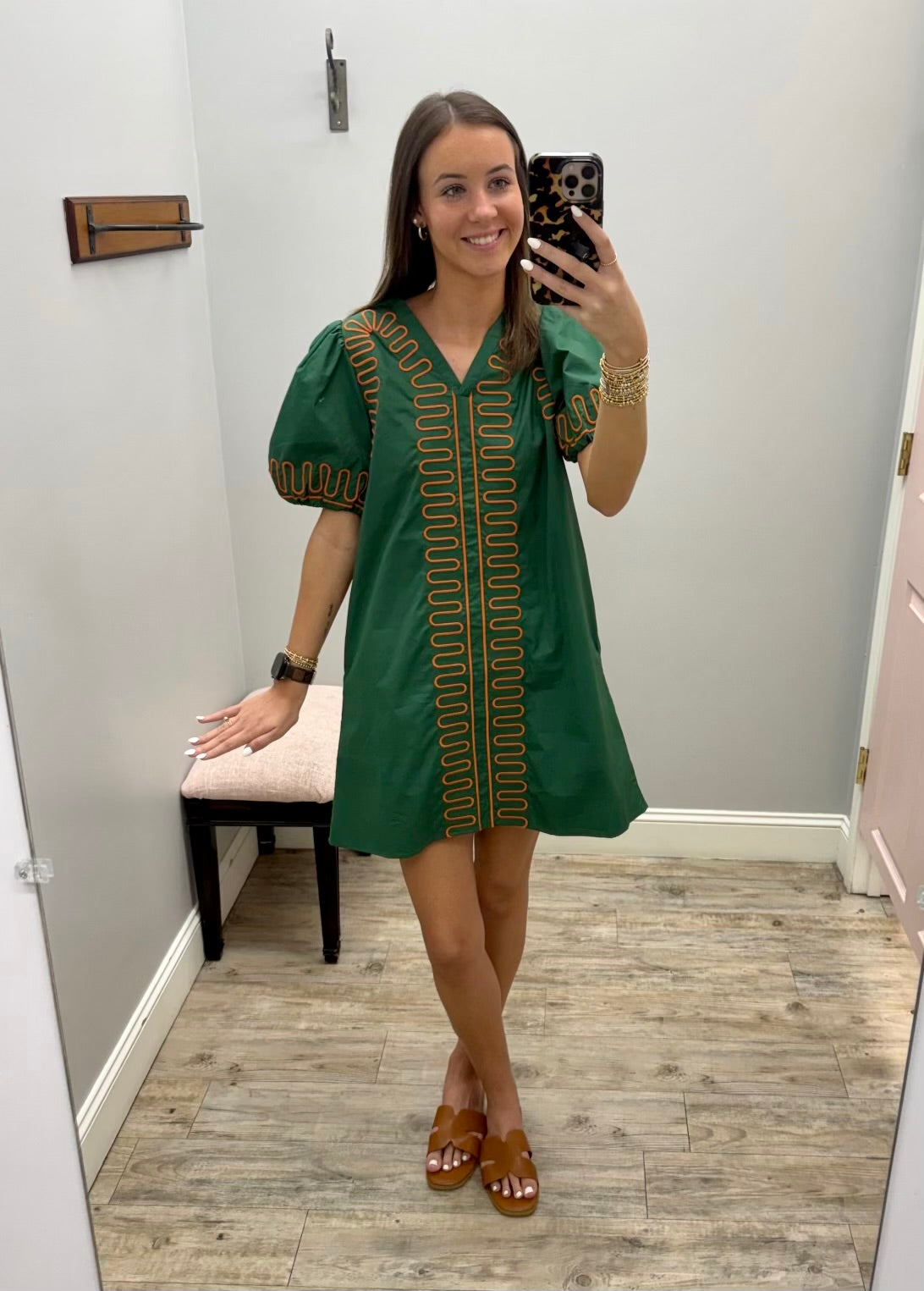 Green and Orange Embroidered Mini Dress