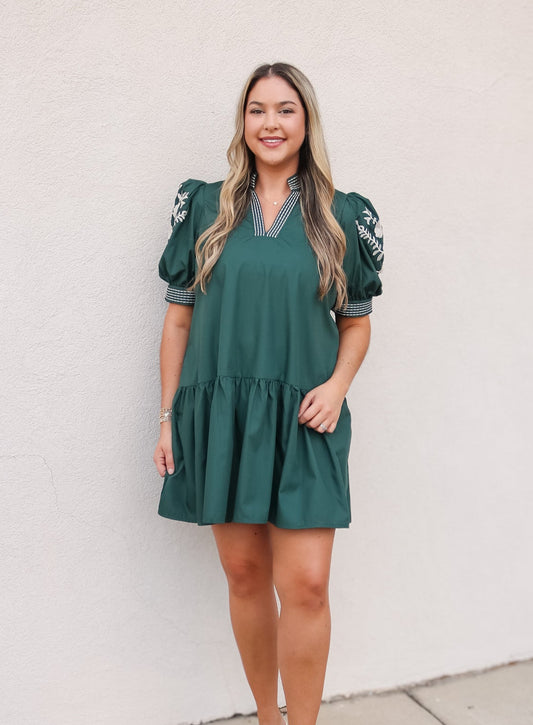 Emerald Puff Sleeve Babydoll Dress
