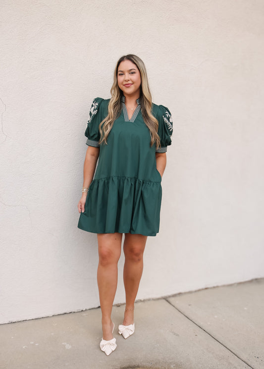 Emerald Puff Sleeve Babydoll Dress