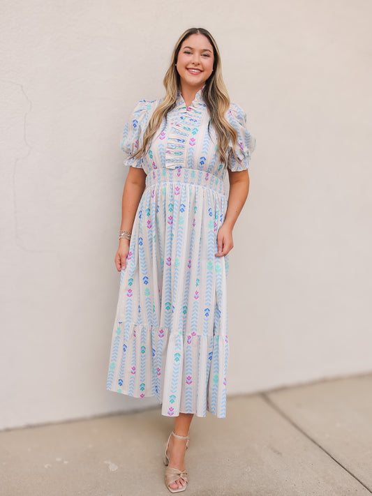 Striped Puff Sleeve Midi Dress