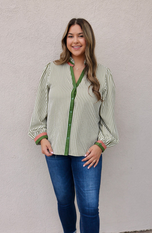 Striped Button Front Top- Green