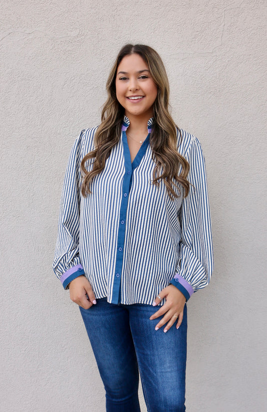 Striped Button Front Top- Blue