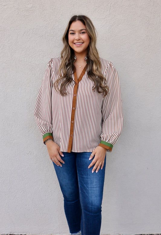Striped Button Front Top- Brown