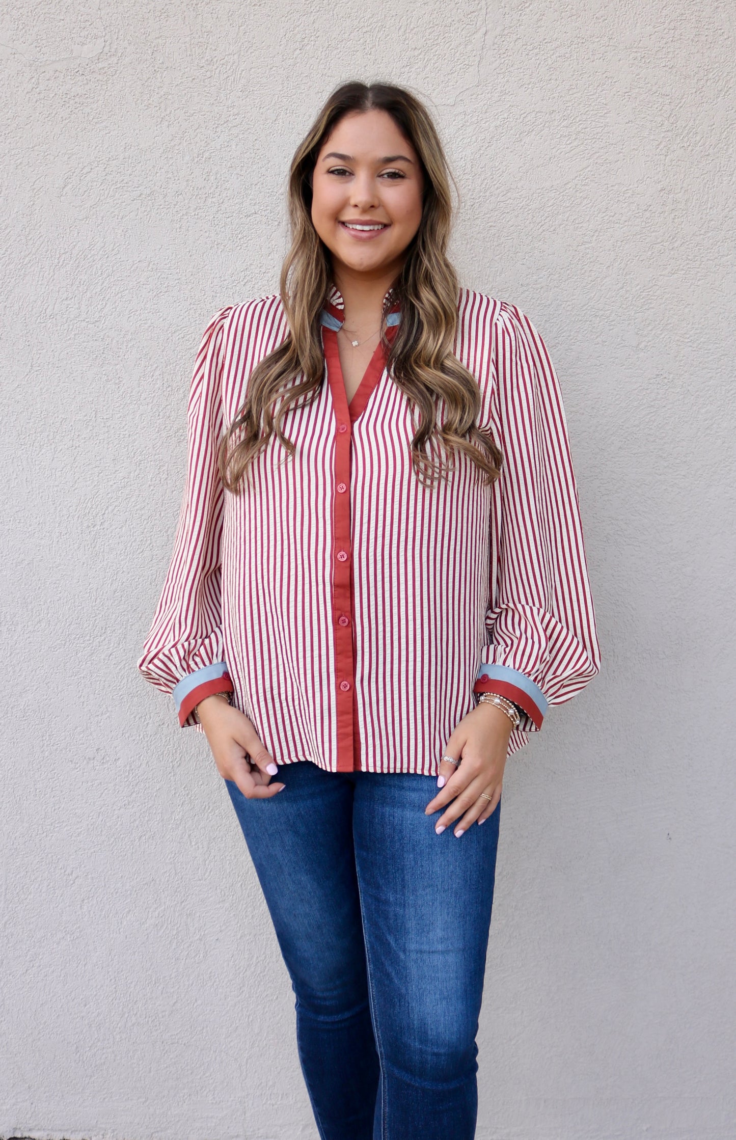 Striped Button Front Top- Rust