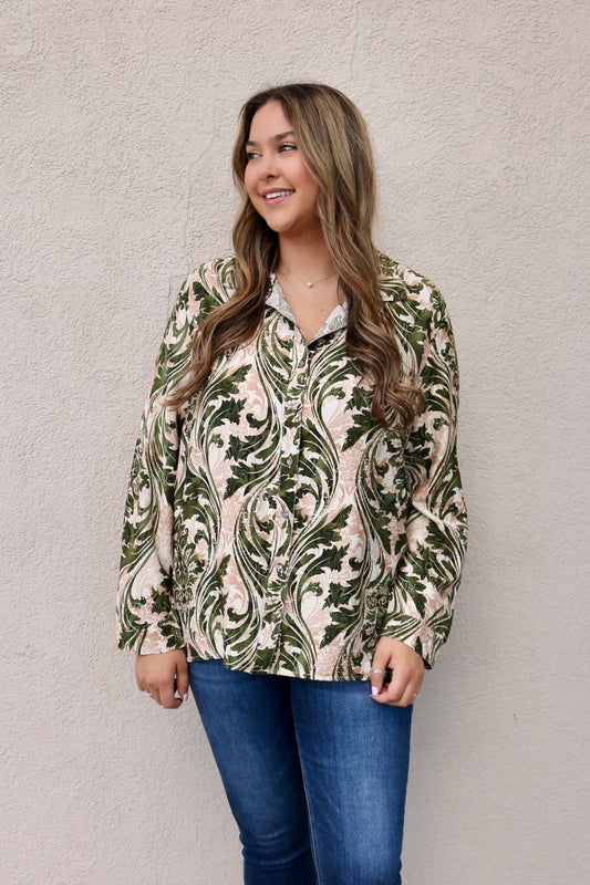 Olive Print Button Front Top