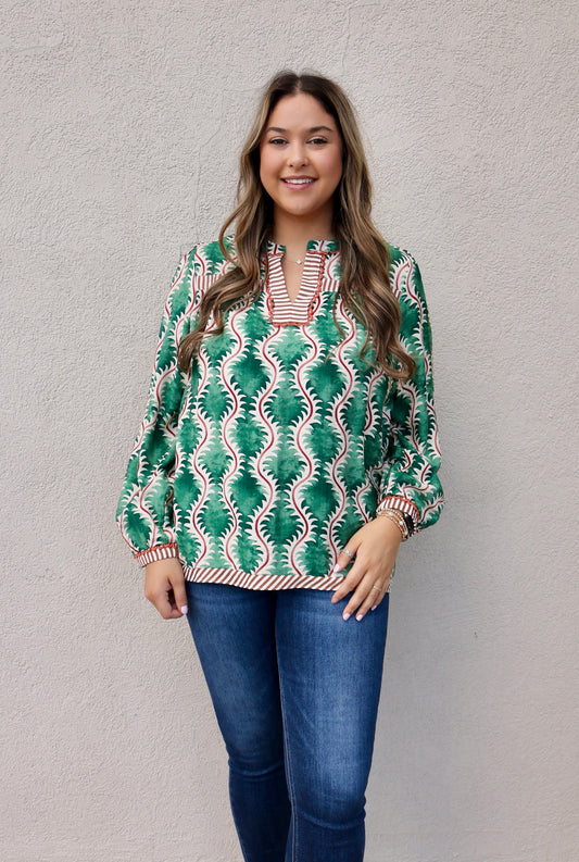 Green & Rust Abstract Print Top