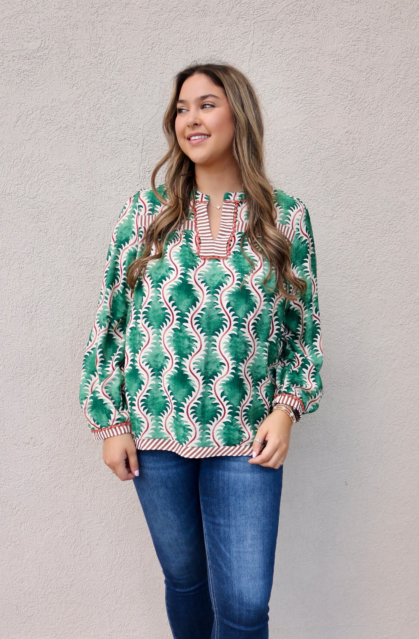 Green & Rust Abstract Print Top