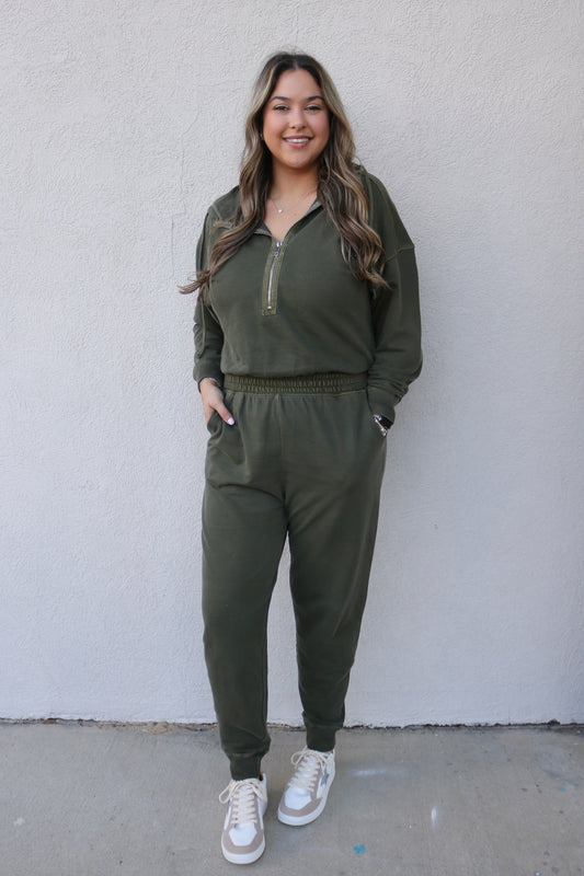 Half Zip Olive Jumpsuit