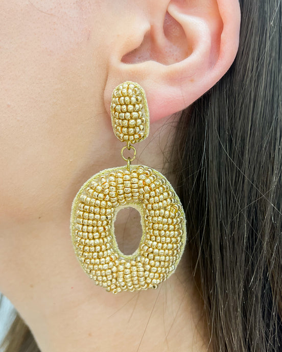 Gold Beaded Oval Earrings