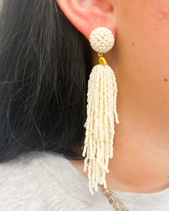 Beaded Tassel Earrings - White